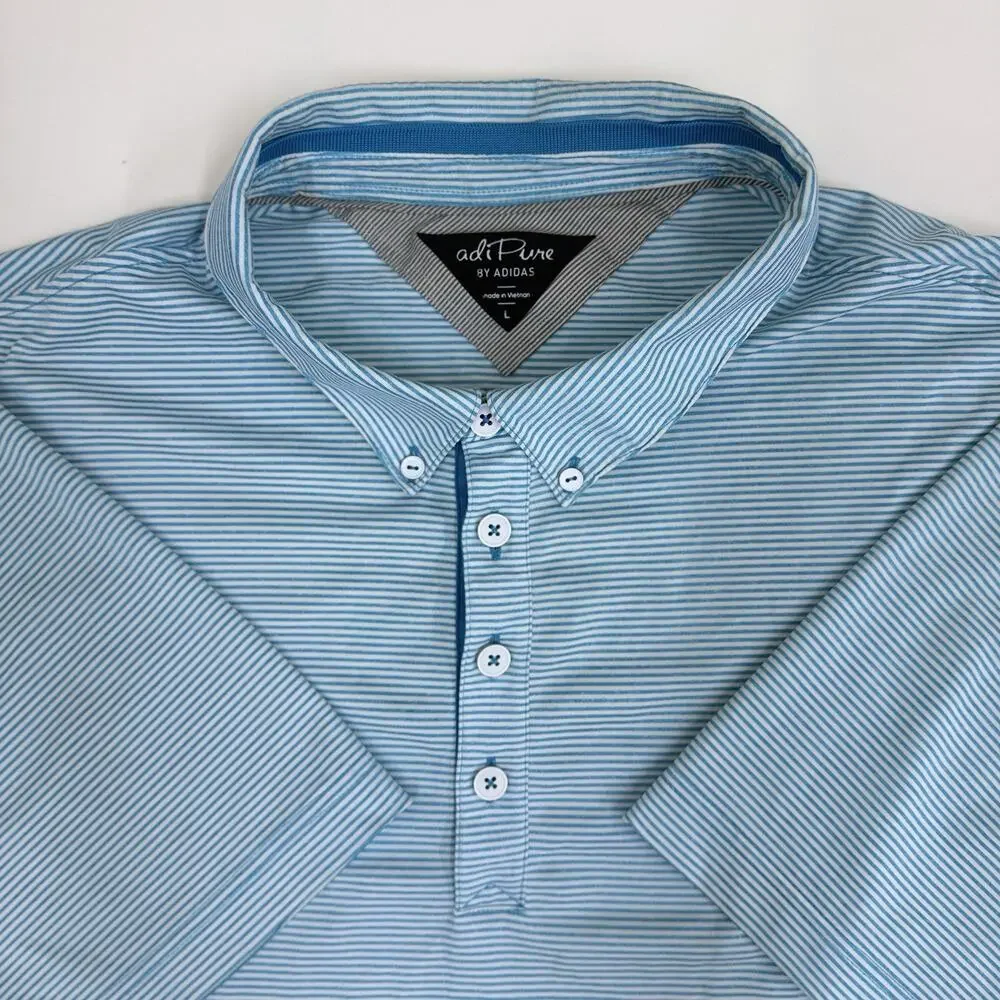 adiPure by Adidas Mens L Blue White Stripe Button Down Collar Golf Polo